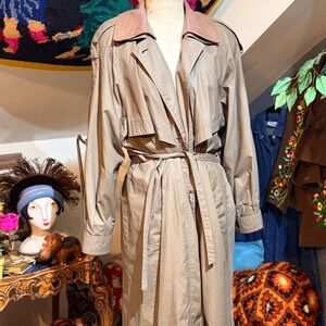 VTG J Gallery Women Tan Trench Coat Belted Leather Collar CLASSIC Size 12